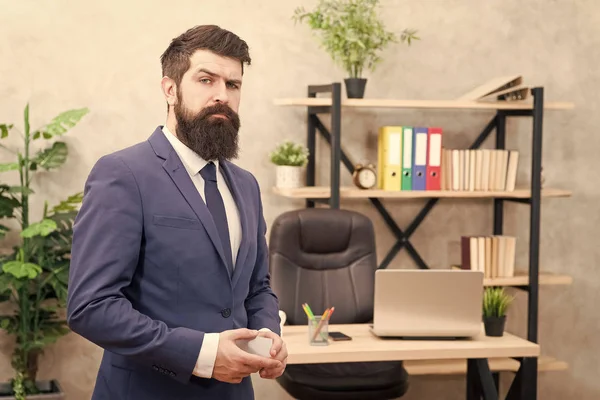 Bearded hipster top manager hold card. Banking services. Guy formal suit stand in office. Businessman hold blank card. Finance and accounting. Easy and quick payment. Bank card. Financial support