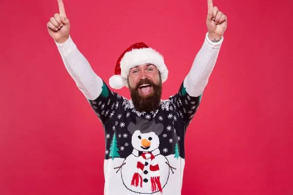 Time to celebrate. winter holiday celebration. feeling freedom and success. new year happiness. merry christmas. have fun. happy bearded man red santa hat. excited hipster funny sweater with snowman — Stock Photo, Image