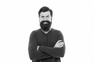 Tarzını takip ediyor. Kuaförden sonra mutlu ol. Berber dükkanı konsepti. Erkek modası. sakal bakımı. Vahşi adam beyaz arka planda izole edilmiş. Olgun sakallı adam. Bıyıklı ve sakallı hippi.