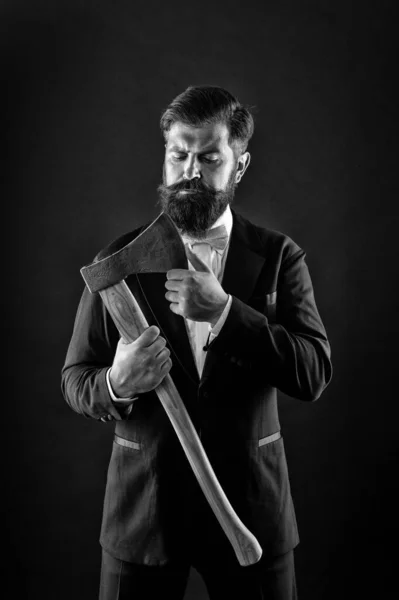 Sharp ax hand confident guy. Masculinity and brutality. Barbershop hairstyle. Firm determination. Brutal barber. Brutal manners. Resoluteness concept. Decision was made. Man brutal hipster with axe — Stock Photo, Image