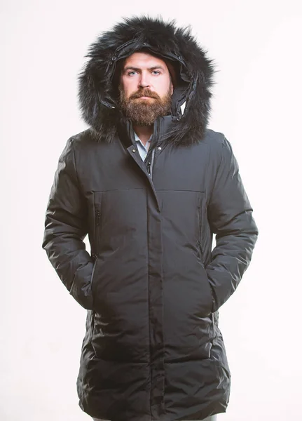 Vinter elegant herrkläder. Vinter outfit. Mannen skäggig stå varm jacka parka isolerad på vit bakgrund. Hipster vinter mode. Killen bär svart vinterjacka med huva. Beredd på väderförändringar — Stockfoto