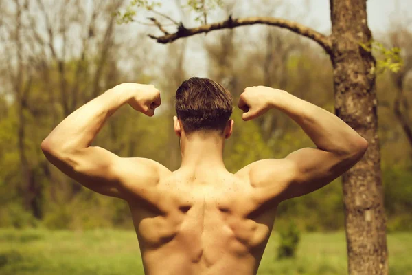 Biceps e músculos das costas do homem forte com corte de cabelo elegante — Fotografia de Stock