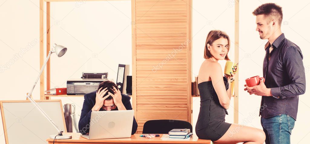 Flirting with coworker coffee break. Woman flirting with coworker. Woman attractive working man colleague. Office collective concept. More than just friends. Sexual desire. Flirting and seduction