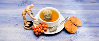 Mavi arka planda bir fincan çay yakın plan. Lezzetli gurme tadı. Kafe menüsü. Böğürtlen çayı. Seramik fincan sıcak demlenmiş çay içeceği. Aromatik rowanberry içeceği için. Sağlık hizmetleri kocakarı ilaçları