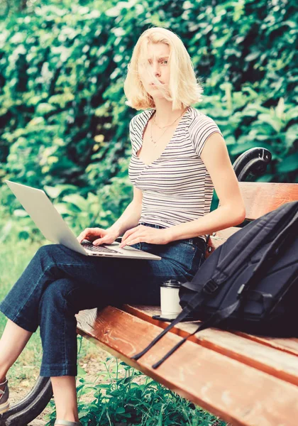 Modern woman student study online outdoor. students life. Pretty woman. online education. student prepare for exams. woman work on laptop. student girl study online. Confident graduate — Stock Photo, Image