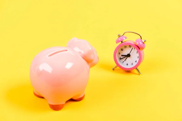It is time to pay. Credit debt. Piggy bank pink pig and little alarm clock. Financial crisis. Economics and finance. Banking account. Bankruptcy and debt. Pay for debt. Bank collector service