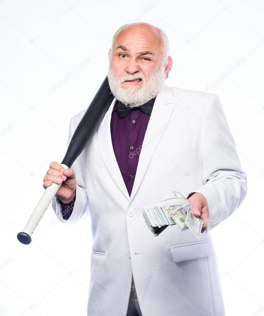 Senior man hold cash money and baseball bat. Richness wellbeing. Money profit. Personal security. Successful businessman. Brutal business life. Racket and raiding. Kingpin concept. Black cash money