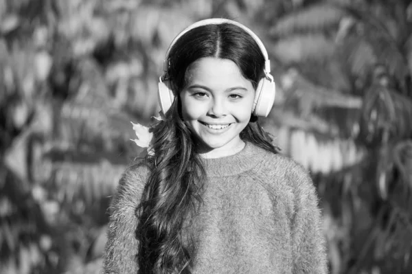 Disfruta la música el día de otoño. El otoño camina con bonitas canciones. Audiolibros educativos y descargables para niños. Niña relajándose cerca del árbol de otoño con auriculares. Música para el humor otoñal. Canción de escucha — Foto de Stock