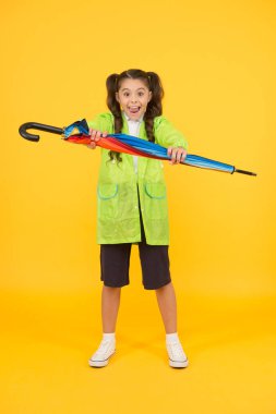 Su geçirmez konsept. Yağmurluğunu şemsiyeyle eşleştir. Öğrenci kız yağmurluk giyer. Küçük liseli kızlar yağmurlu günlerde suya dayanıklı kıyafetler giyerler. Tatlı liseli kız kendini bahar havası için korunmuş hissediyor.