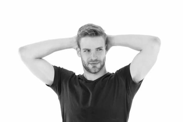 Prevent and reduce perspiration with proper organic antiperspirant. Sweating problem. Effective antiperspirant. Man confident in his antiperspirant. Guy checks dry armpit satisfied with clean clothes
