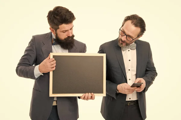 Start up business project. Launching business project. Men bearded guys wear formal suits hold blackboard. Well groomed business man hold chalkboard. Useful information. Business announcement — Stock Photo, Image