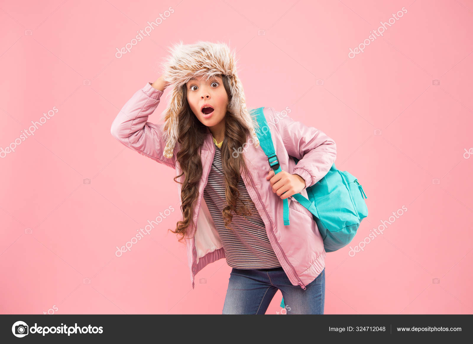 Winter Semester Hipster Style Modern Backpack For Daily Life Teen Fashion Schoolgirl Street Style Clothes With Cute Backpack Fit Backpack Correctly Girl Fashionable Cutie Carry Backpack Stock Photo By C Stetsik
