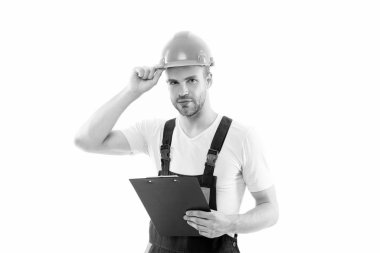 Genel plan. Tamir servisi. Onarım ve yenileme konsepti. Tamir atölyesi. Tamirci ev tamircisi. Tamir ve yenileme. Ev tadilatı. Beyaz arka planda kask takan işçi.