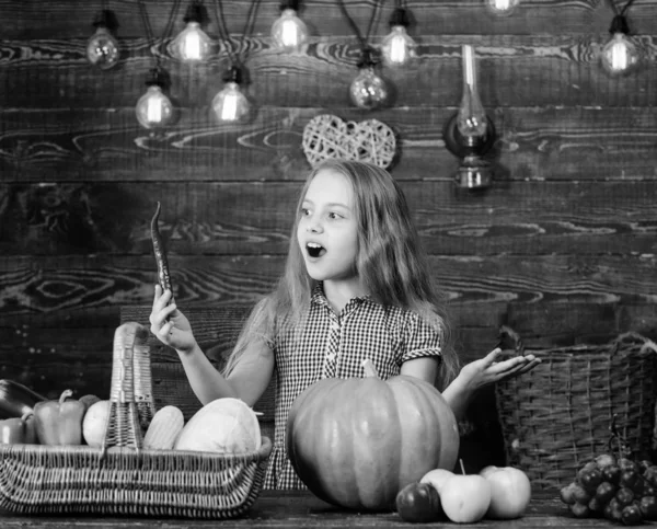 Gyermek kislány ünnepelni betakarítás. Gyerek farmer szüreti fa háttér. Családi gazdaság fesztivál koncepció. Farm témájú játékok és tevékenységek a gyerekek. Lány gyerek farm piacon esik betakarítás — Stock Fotó