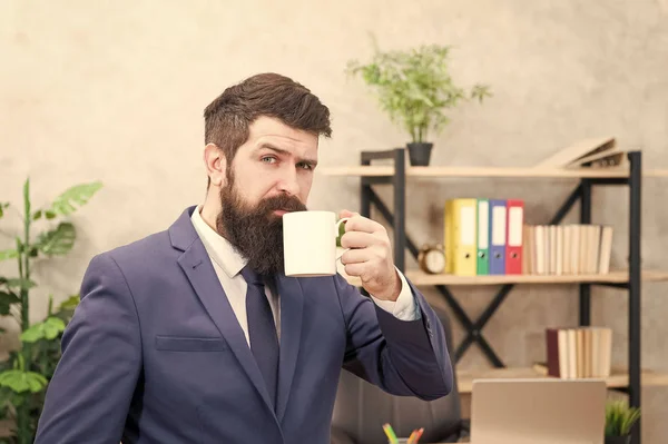 Man bearded businessman hold coffee cup stand office background. Start day with coffee. Successful people drink coffee. Drinking coffee relaxing break. Boss enjoying energy drink. Caffeine addicted