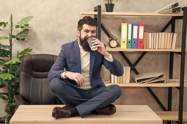 Mental wellbeing and relax. Man bearded manager formal suit sit lotus pose relaxing. Prevent professional burnout. Way to relax. Meditation yoga. Self care. Psychological help. Relaxation techniques — Stock Photo, Image