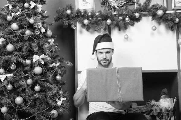 Человек с подарочной коробкой на елке — стоковое фото