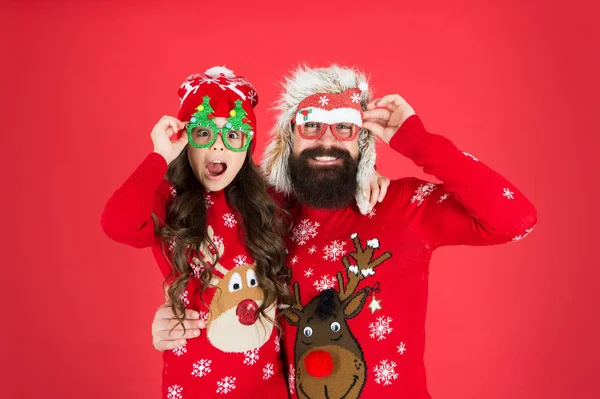 Fatherhood concept. Family wear winter sweaters. Having fun. Christmas memories. Family values. Dad and daughter celebrate new year. Family holiday. Happy family. Small girl and cheerful father man — Stock Photo, Image