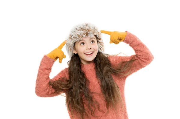 Really good careof health. winter warmness. kid fashion. cheerful little kid isolated on white. ready for winter cold. small girl earflap hat and gloves. her favorite knitted sweater — Stock Photo, Image