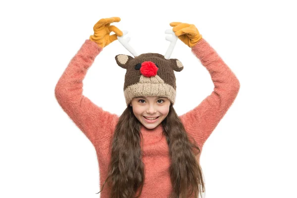 Be prepared this festive season. favorite knitted funny hat. active healthy childhood. feeling cosy and warm. kid knitwear fashion. happy little kid isolated on white. say no to winter cold — Stock Photo, Image