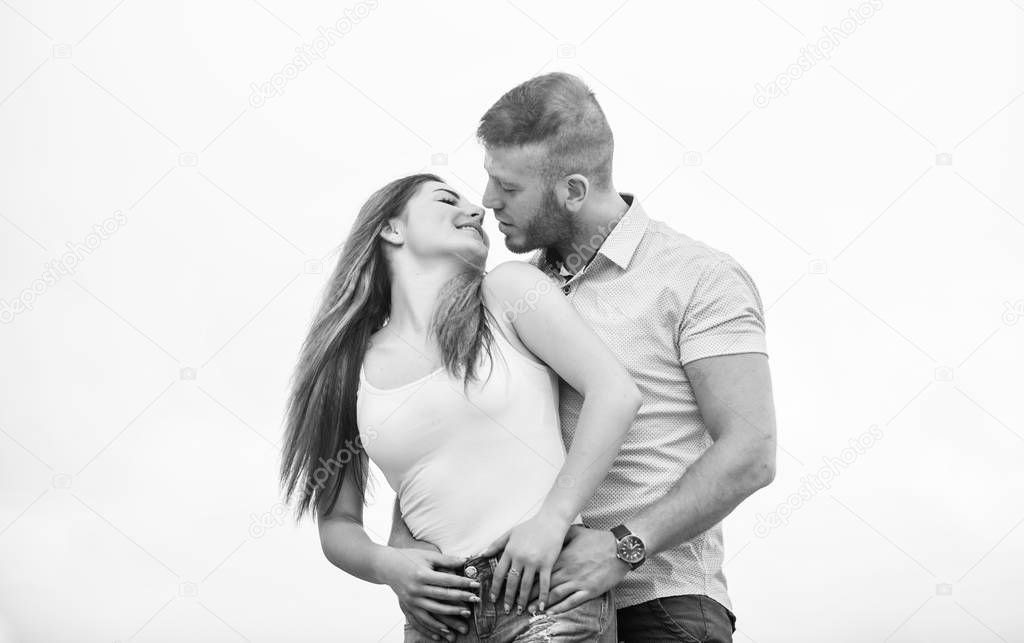 Couple goals concept. Love story. Romantic relations. Cute and sweet relationship. Couple in love. Man and woman cuddle nature background. Family love. Devotion and trust. Together forever we two