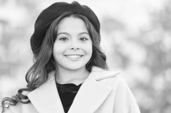 Little parisian. Fancy girl. Kid little cute girl smiling face posing hat defocused background. Fashionable hat accessory. Autumn fashion. Fashion accessory for little kids. Fall fashion collection — Stock Photo, Image