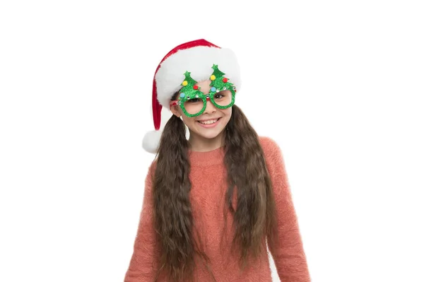 Funny kid on Christmas eve. waiting for miracle. small santa white background. merry christmas. winter brings a lot of joy. happy child in party glasses. new year eve. Happy Xmas and New Year holiday — Stock Photo, Image