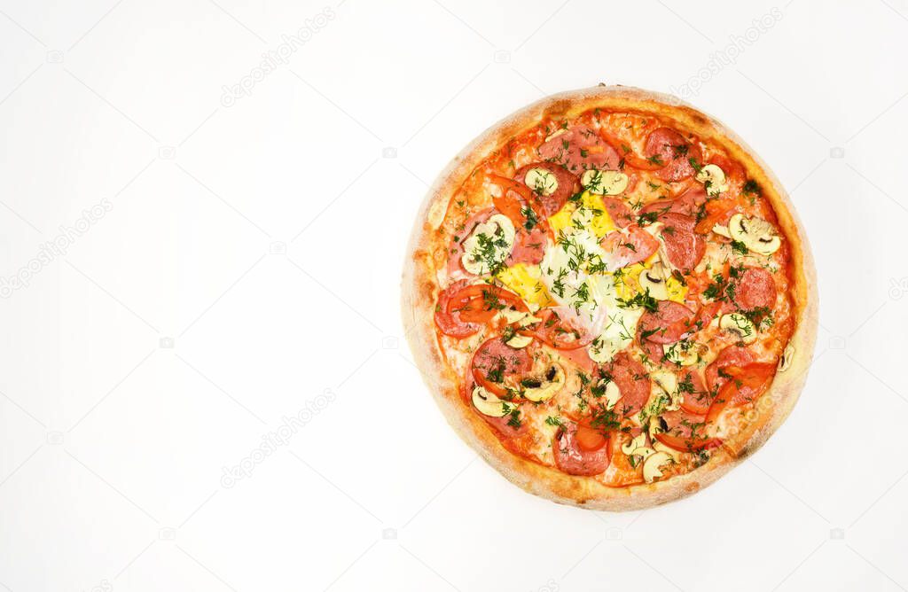 Delivery and italian cuisine concept. Pizza with pepperoni and mushrooms