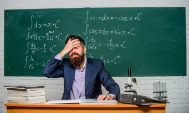 Fed up. Man desperate teacher in classroom. No hope for better. Tired and exhausted. Teaching dumb students. Difficult work. Emotional burnout. Teacher give up. Hate his job. Teacher mature man clipart