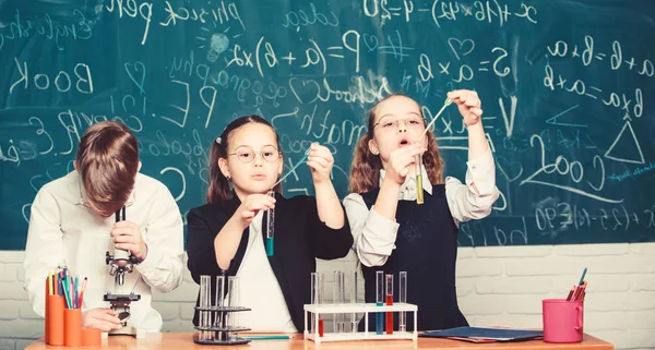 Okul dersinde küçük çocuklar. Öğrenciler mikroskop ile deneyler yapıyor. mutlu çocuk gün. Kimya. Okula dönüyoruz. Küçük çocuklar okul laboratuarında Kimya öğreniyor. Ne gibi görünüyor