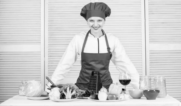 Uniform for professional chef. Lady adorable chef teach culinary arts. Improve culinary skill. Best culinary recipes to try at home. Welcome to my culinary show. Woman pretty chef wear hat and apron