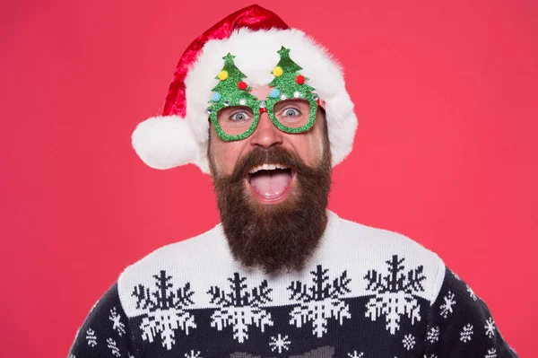 Emotional face. Good mood. Santa is coming. Santa man wear christmas tree party glasses. Happy bearded man with santa look. Holiday accessories for santa party. Christmas and New Year celebration — Stock Photo, Image