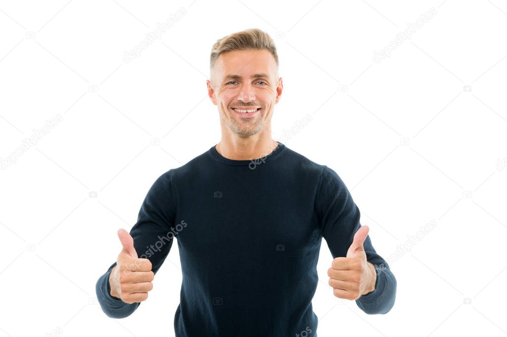 Good luck. Handsome man celebrate holidays white background. Guy wear black sweater. Best wishes. Mature man smiling face bristle. Success thumbs up. Success achievement. Personal success