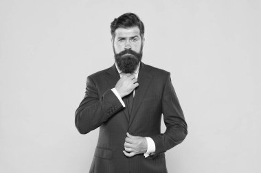 Daha iyisini bekle. İş adamı kıyafeti. Yakışıklı sakallı adam şirket lideri. Erkek güzellik modası. Başarılı ve karizmatik bir avukat. Liderlik. Hayat yönetimi. üstün iş çözümleri