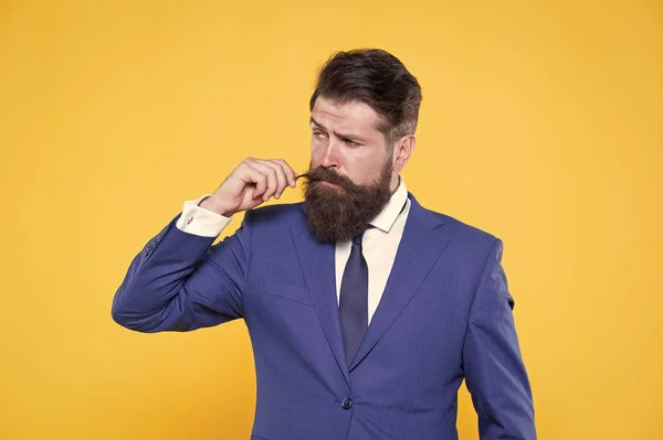 Taste of success. Successful handsome hipster top manager. Barbershop and fashion stylist. Handsome guy concept. Because you worth it. Confident businessman handsome bearded man in formal suit — Stock Photo, Image
