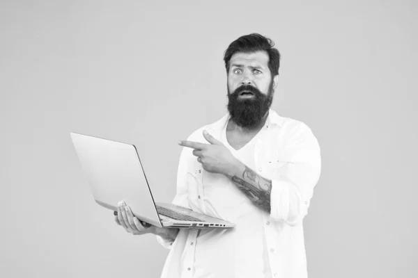 ¿Qué es eso? concepto de negocio ágil. educación en el mundo digital. Programador con ordenador. hombre brutal navegar por Internet. hipster usa cuaderno. Barbudo hombre portátil fondo amarillo. compras en línea — Foto de Stock