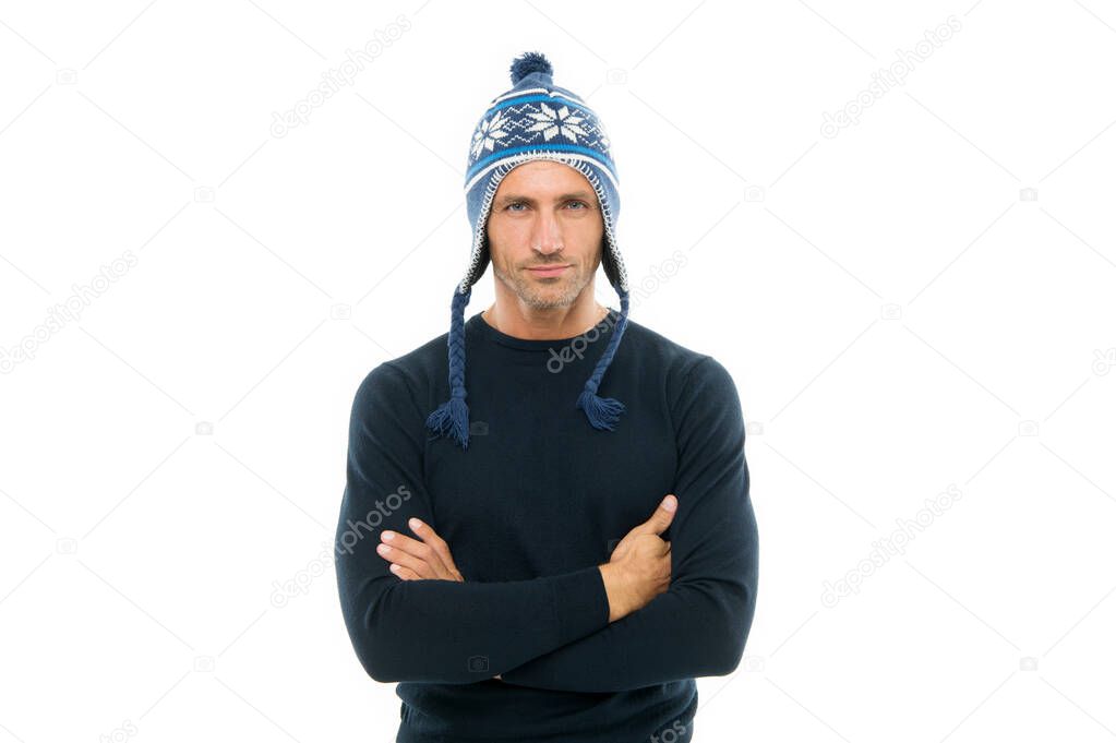 Confident and focused. Best wishes. Guy wear winter hat. Merry christmas and happy new year. Winter vacation. Mature man in hat face bristle. Handsome man celebrate winter holidays white background