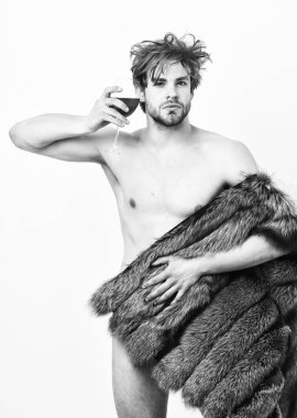 Adam çekici zengin kürk manto çıplak vücut üzerinde poz. Moda ve pathos. Zengin atlet hayatının tadını çıkarın. Zenginlik ve lüks konsepti. Seksi uykulu zengin maço beyaz izole saç içki şarap tousled