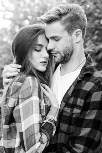 Enjoying intimacy. Romantic date concept. Beautiful people. Happy together. Couple in love. Cuddling with darling. Man hipster and pretty woman in love. Summer vacation. Fall in love. Pure feelings — Stock Photo, Image