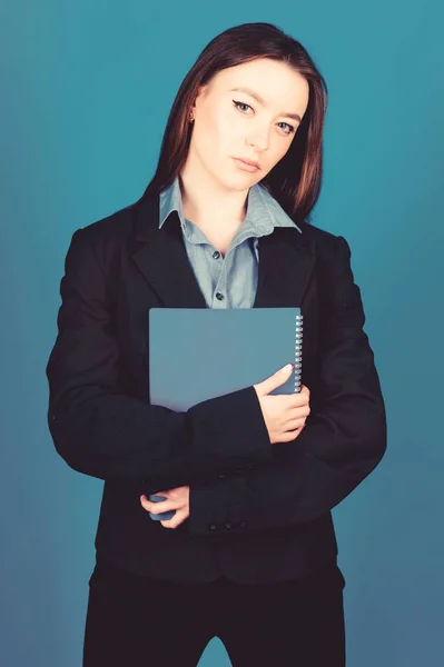 Ready for lesson. Business education. Businesswoman student. Girl student in formal clothes. Business school. Manager with document folder. Business and finances. Woman formal suit with folder notes