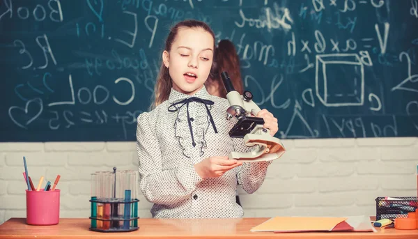 Neem chemische reacties in acht. Formele onderwijs school. Educatief experiment. Terug naar school. School klassen. Meisjes studeren chemie op school. Biologie en scheikunde lessen. Theorie en praktijk — Stockfoto