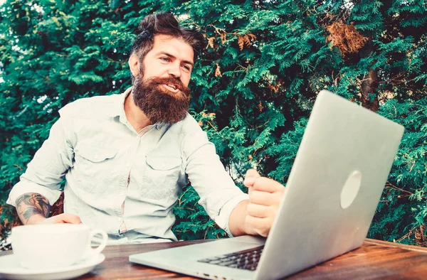 Well done. Hipster busy with freelance. Wifi and laptop. Drink coffee and work faster. Bearded man successful freelance worker. Remote job. Freelance professional occupation. Good job expression — Stock Photo, Image