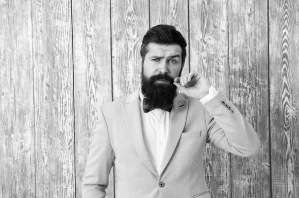 Barber shop concept. Barber shop offer range of packages for groom make his big day unforgettable. Guy well groomed bearded hipster wear tuxedo. Hairstyle and beard grooming. Gentleman style barber — Stock Photo, Image