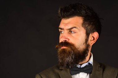 Eskimiş şık takım elbiseli ve papyonlu adam kahverengi