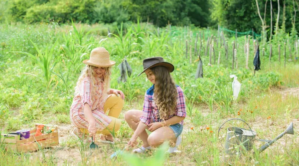 A legjobb kiszolgálás neked. gyermekek dolgoznak terepen kertészeti eszköz. Kislányok farmerek a falu kertjében. Földi nap. nyári családi farm. Boldog gazdálkodást. Tavaszi vidék. megvédeni a természetet. Gazdag betakarítás — Stock Fotó