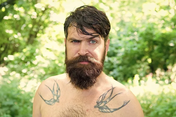 Concept de chaleur. Chaleur estivale. Barbu tatoué gars se détendre dans la nature chaude journée d'été. Hipster peau humide et les cheveux survivent à la chaleur. Station de vacances. Chaleur extrême. Homme assoiffé hipster moite nu dans la forêt — Photo