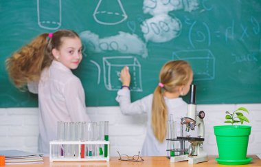 Eğitim araştırması. Araştırma laboratuvarında ilkokul çocukları. Mikroskop ve laboratuvar ekipmanları. Okul ve eğitim için bilim araştırma laboratuvarı. Araştırma ve eğitim