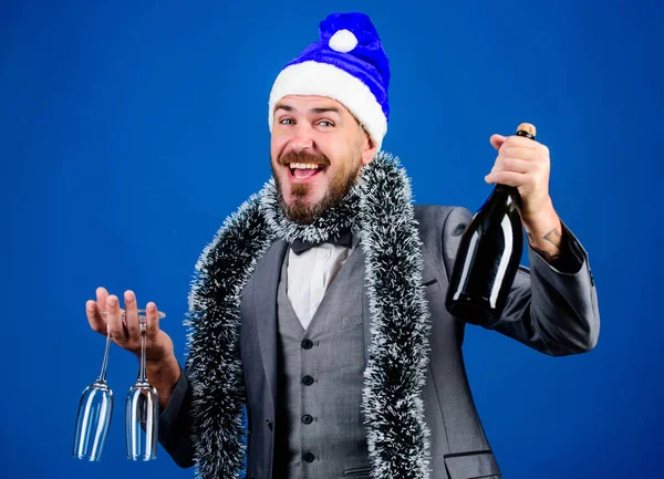 Join office party. Corporate christmas party. Man bearded hipster wear santa hat festive accessory. Celebrate new year. Great celebration. Christmas party organisers. Corporate party ideas. Have fun