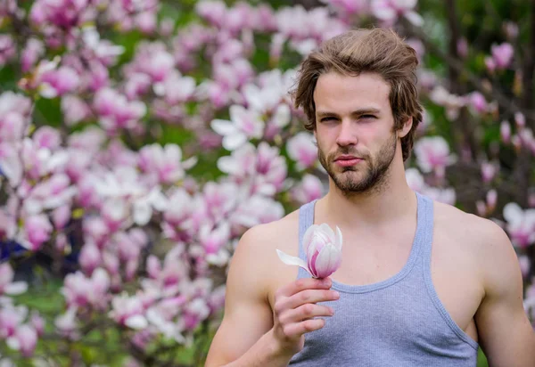 Thank you. spring holiday. Male sexuality. feel refreshed. man natural seasonal background. sakura smell. enjoy good weather. allergy. sexy guy blooming magnolia flower tree — Stock Photo, Image