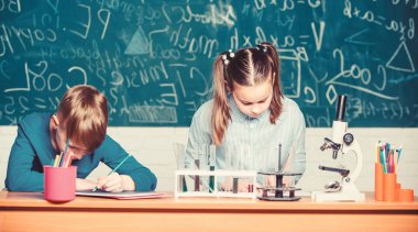 Okulun kimya dersi. Okul laboratuarı. Kız ve erkek akıllı öğrenciler okul deneyi yapıyorlar. Kimyasal reaksiyon not defterini tanımla. Okul eğitimi. Kimyasal analiz. Çocuklar kimya çalışmakla meşgul.